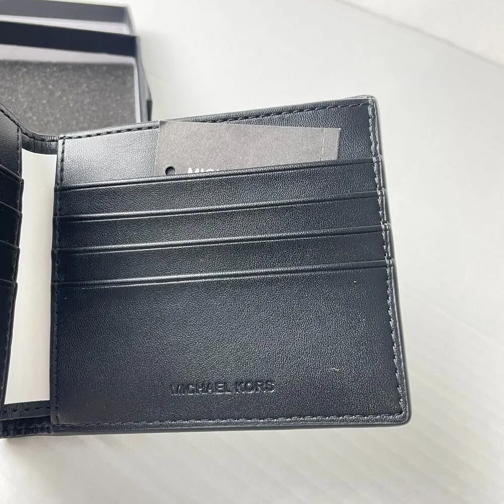 Michael Kors Men Bold Logo Billfold Black Palm‎ Green Leather Wallet Cooper
